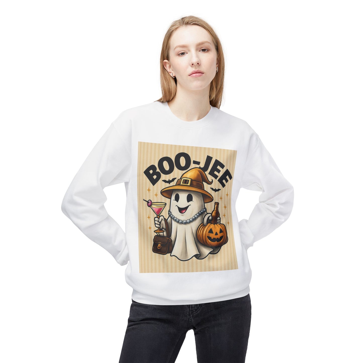 Boo-Jee Ghost Crewneck Sweatshirt, Halloween Sweater, Unisex Fleece Top, Festive Lounge Wear, Cute Ghost Apparel