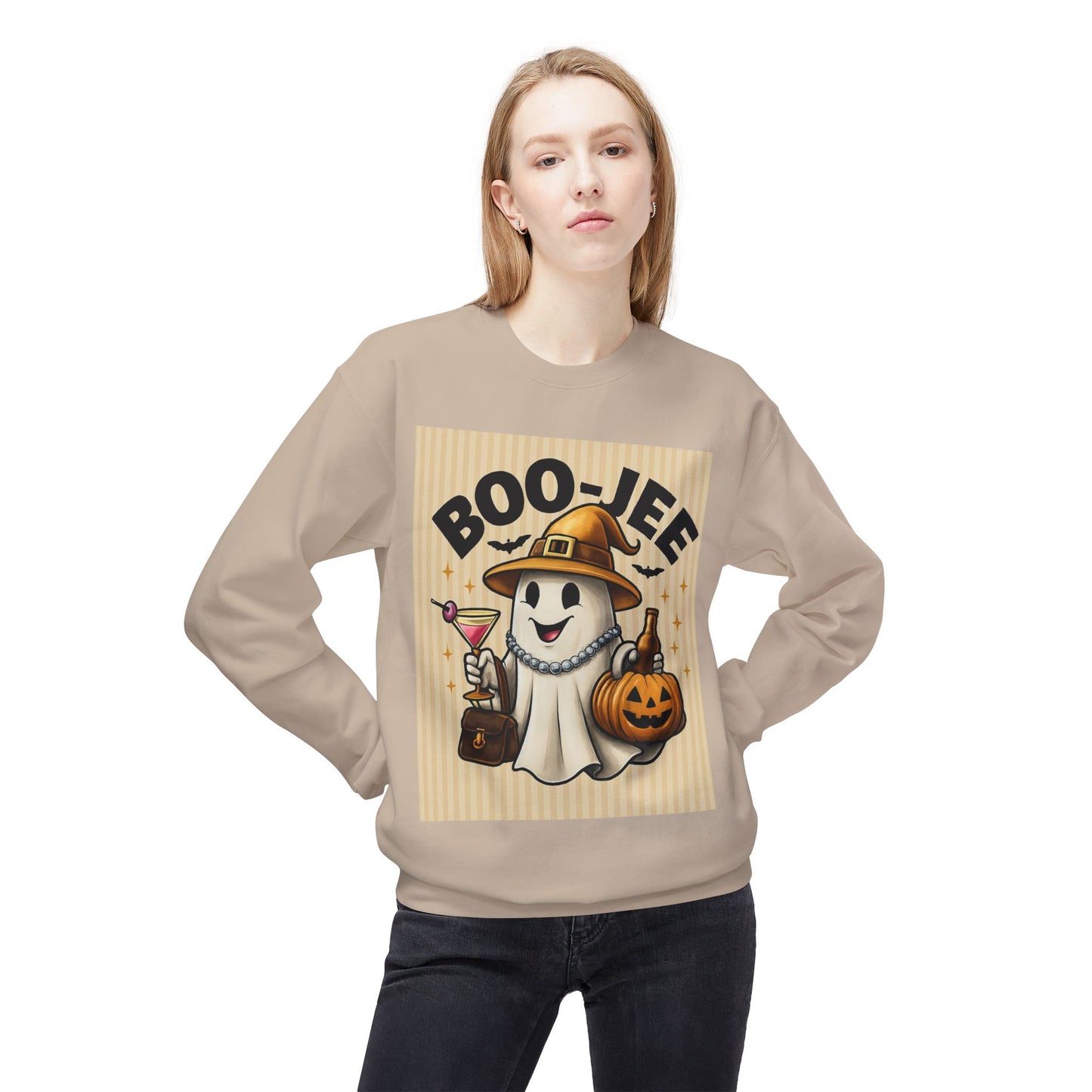 Boo-Jee Ghost Crewneck Sweatshirt, Halloween Sweater, Unisex Fleece Top, Festive Lounge Wear, Cute Ghost Apparel
